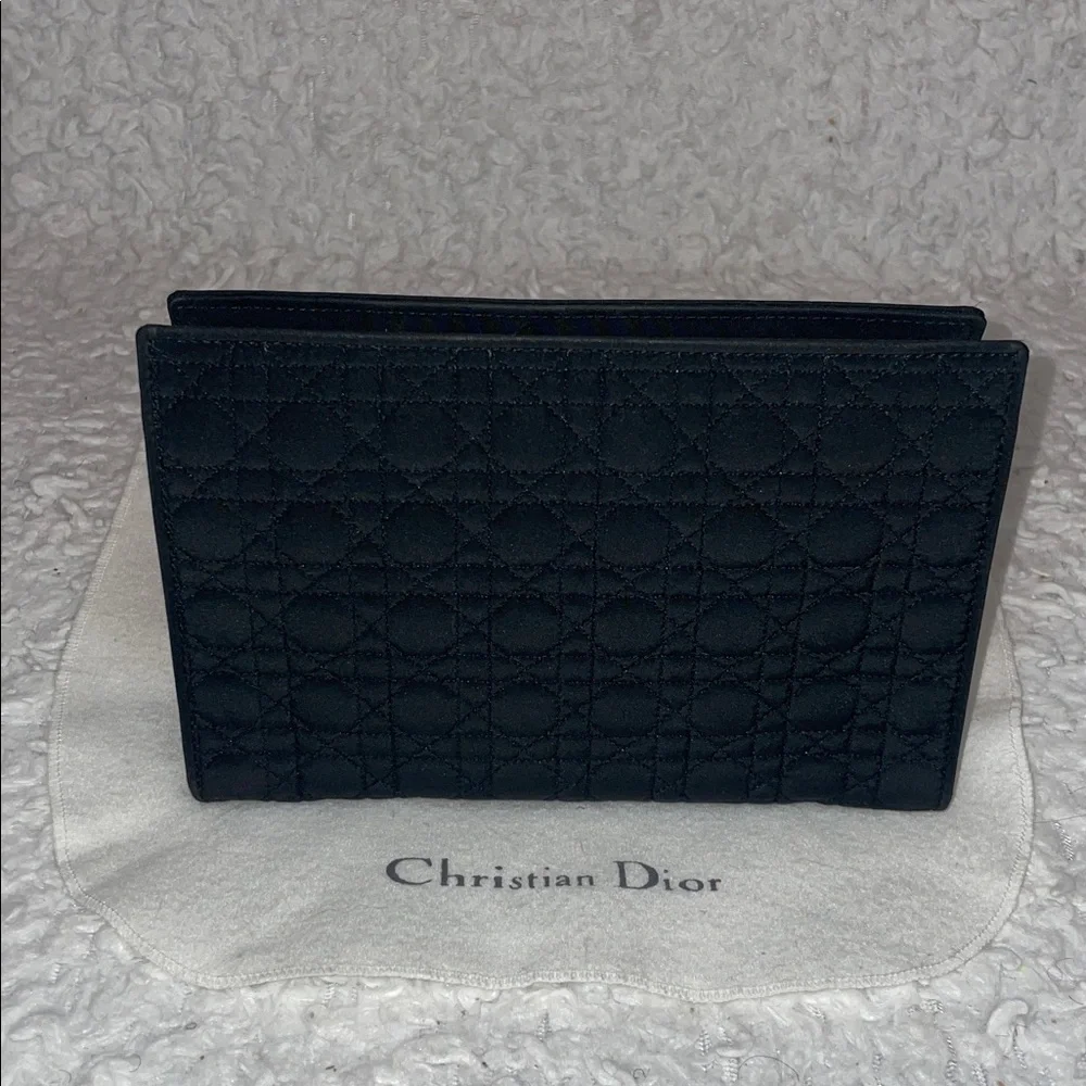 Christian Dior CD Cannage Black Quilted Zip Clutch Pouch Organizer Bag
